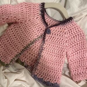 Y2K Vintage Handmade Pink Crochet Baby Cardigan